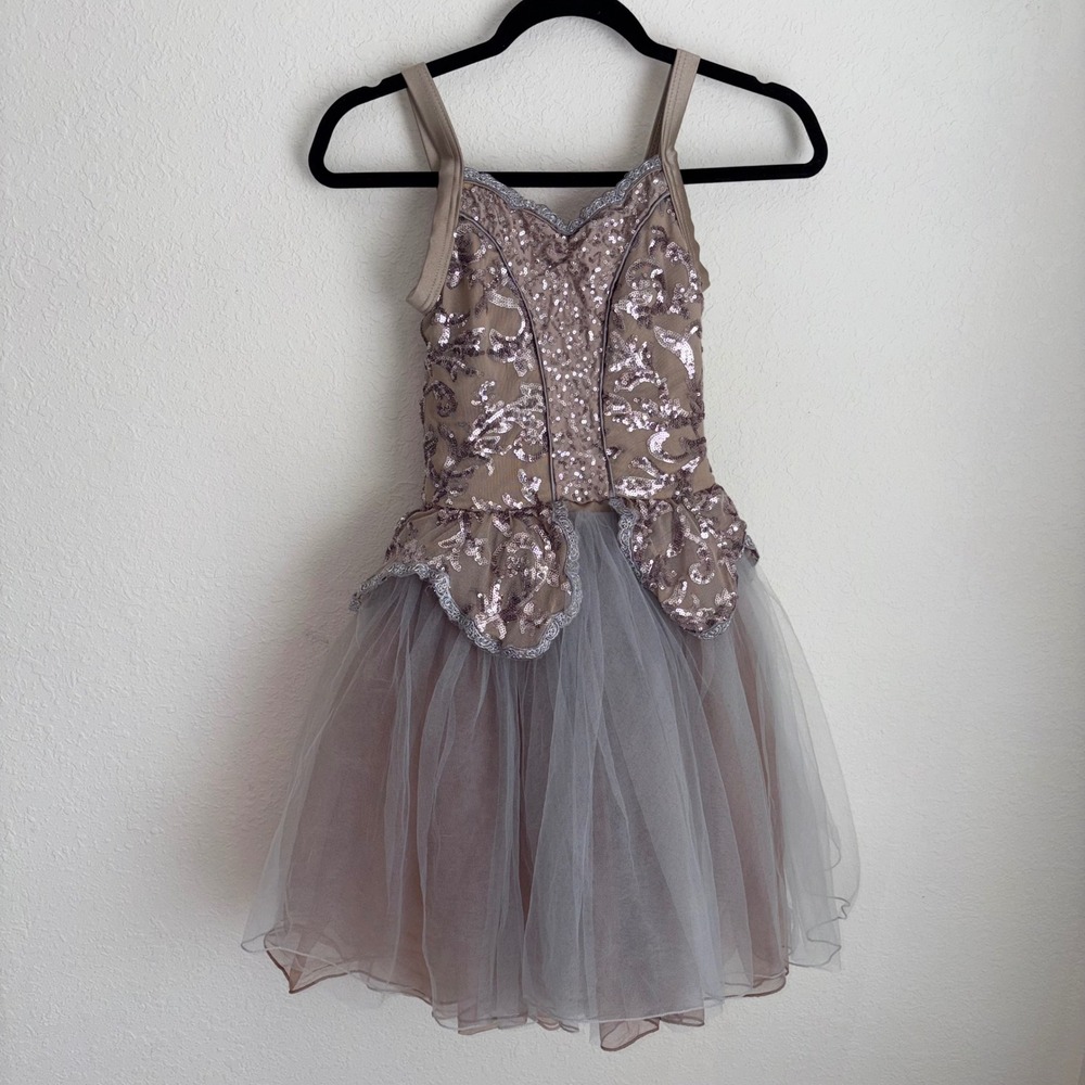 Weissman dance Costume Tutu Dress Kids Tan Silver Sequin bling ballet lace Tulle